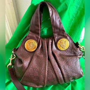 Authentic Gucci GG Monogram Brown Leather HandBag Gold Signature Medalions